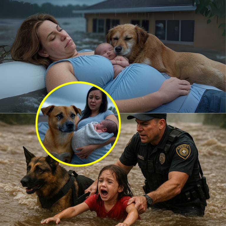 "Dog Saves Mother and Baby in Flood" A dog stayed with a pregnant woman and her newborn in floodwaters near Houston. It shielded them from the cold, saving their lives. No one knew whose dog it was. They called it Guardian.